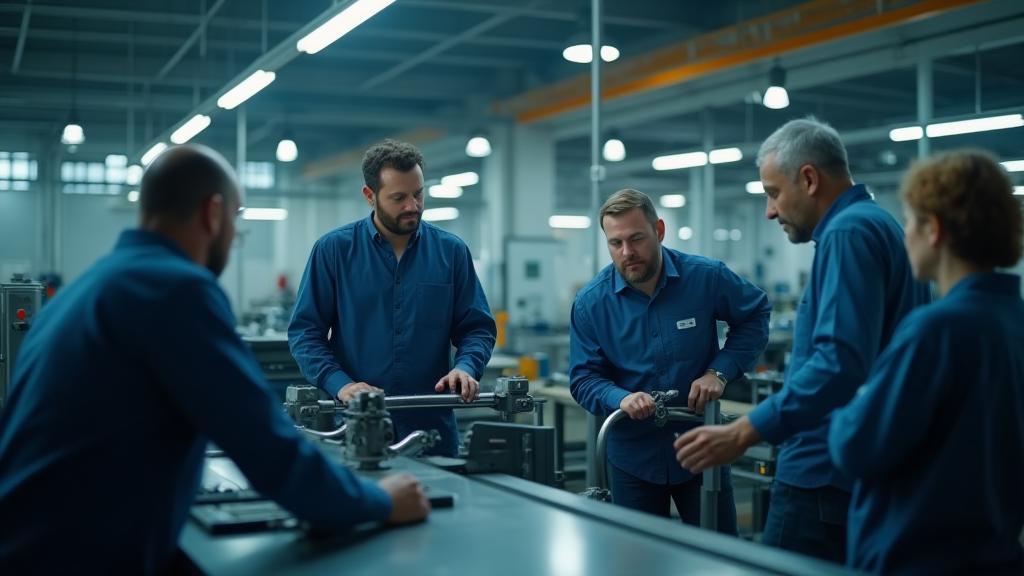 Modern factory floor with diverse team operating heavy machinery